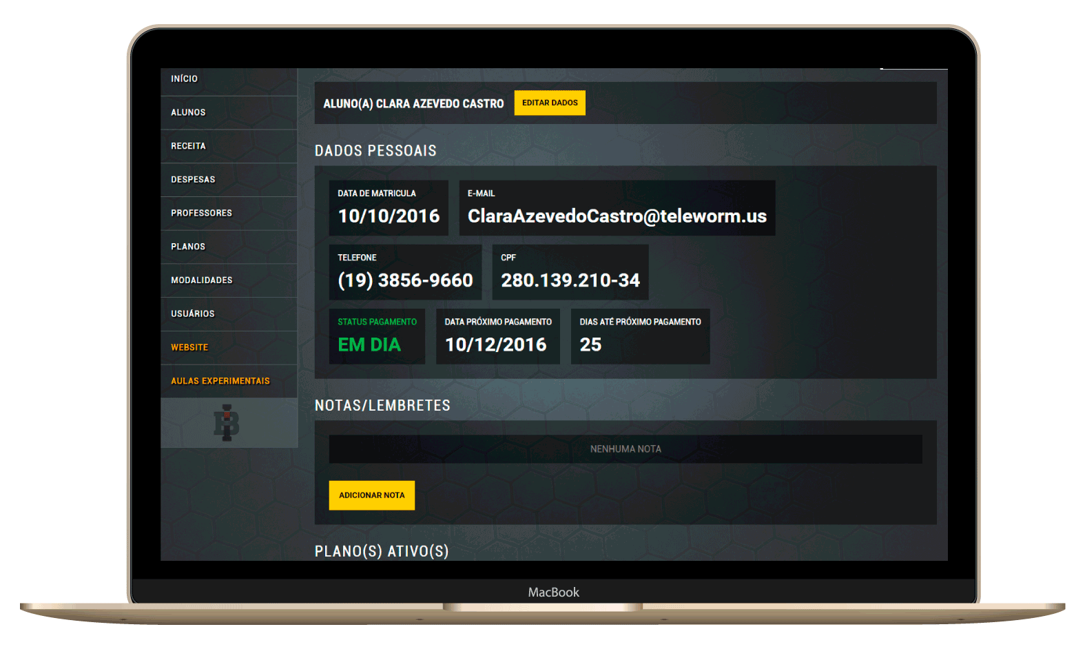 Tela que mostra o cadastro eos detalhes de um aluno